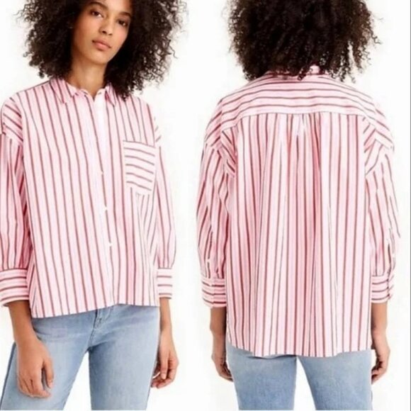 J. Crew Women's Oversized Button-up Cotton Poplin Trifecta Stripe Shirt Sz L - Picture 1 of 7